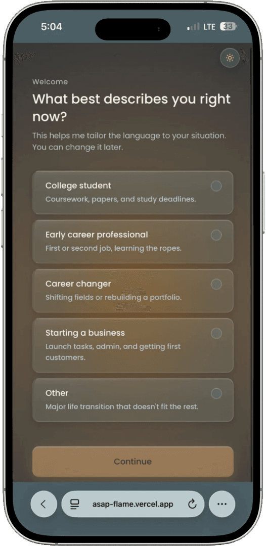 ASAP asking “What best describes you right now?” with options such as early career professional and career changer