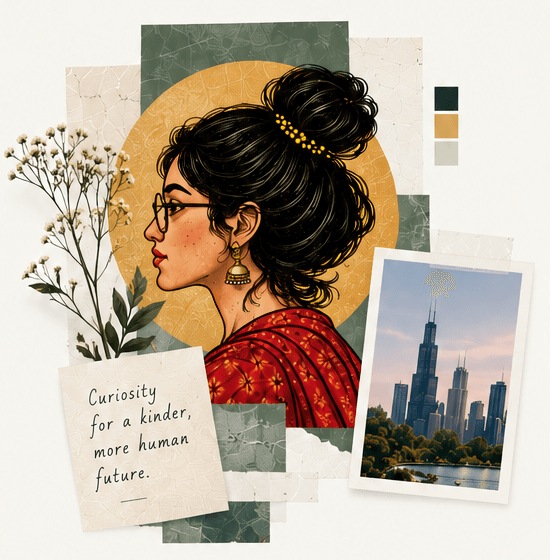 Illustrated portrait of Ramya Yerramilli in profile, with pressed flowers, a Chicago skyline photo, and the handwritten line “Curiosity for a kinder, more human future.”