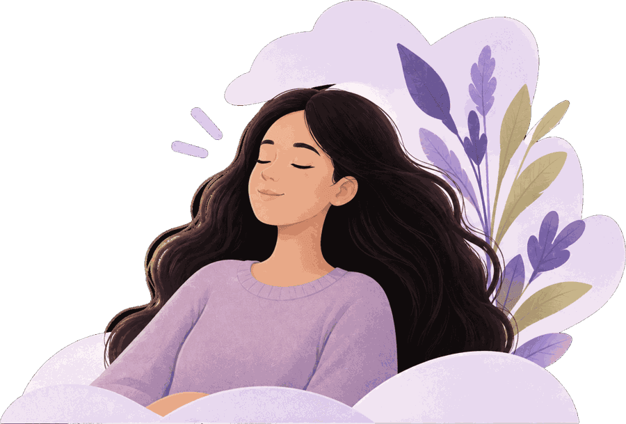 Illustration: a student resting with her eyes closed, surrounded by soft foliage.