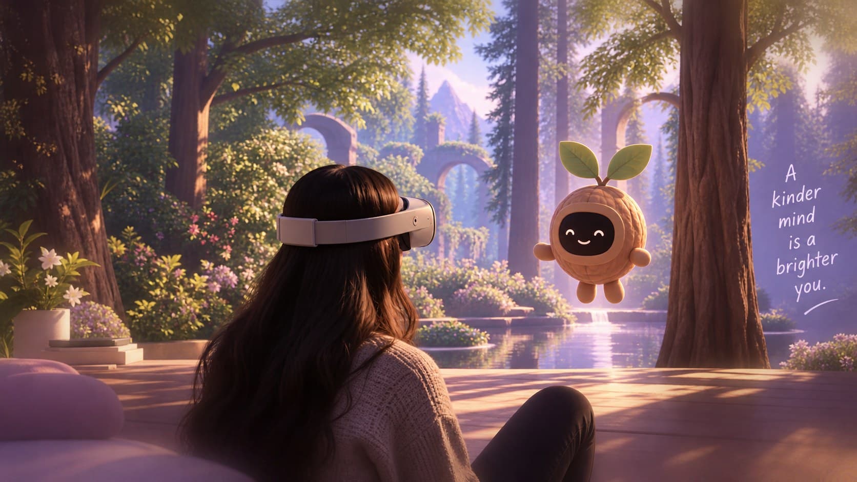 Illustration: a student in a VR headset sitting in a sunlit forest clearing beside the Wellnut companion.