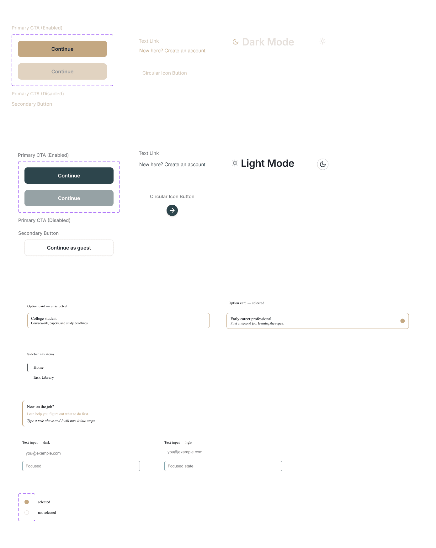 ASAP component board in dark and light mode: primary and disabled CTAs, secondary button, text link, circular icon button, option cards unselected and selected, sidebar nav items, the AI guidance card, dark and light text inputs with focus states, and the selection indicator.