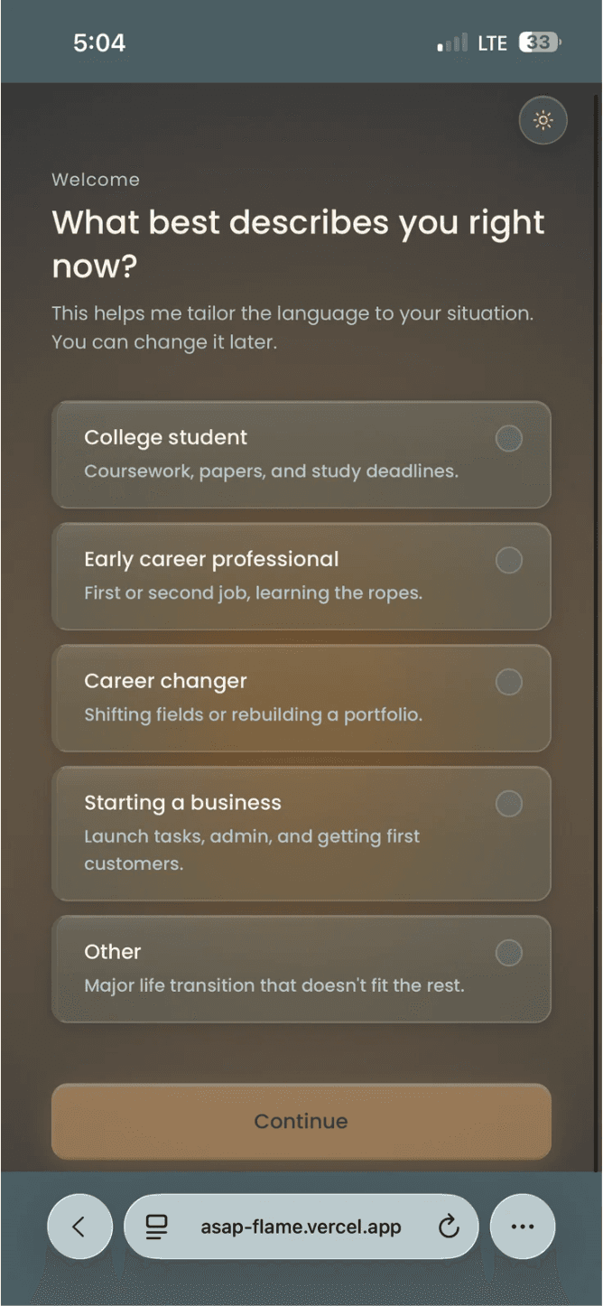 ASAP screen 2 — onboarding dark