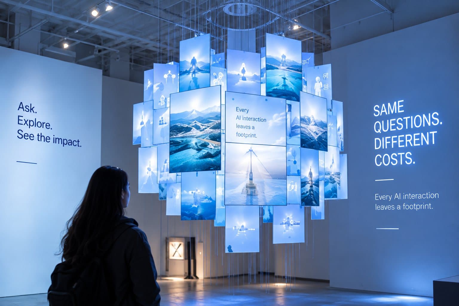 Illustration of a gallery-scale version: a suspended cluster of lit screens, with wall text reading “Ask. Explore. See the impact.”
