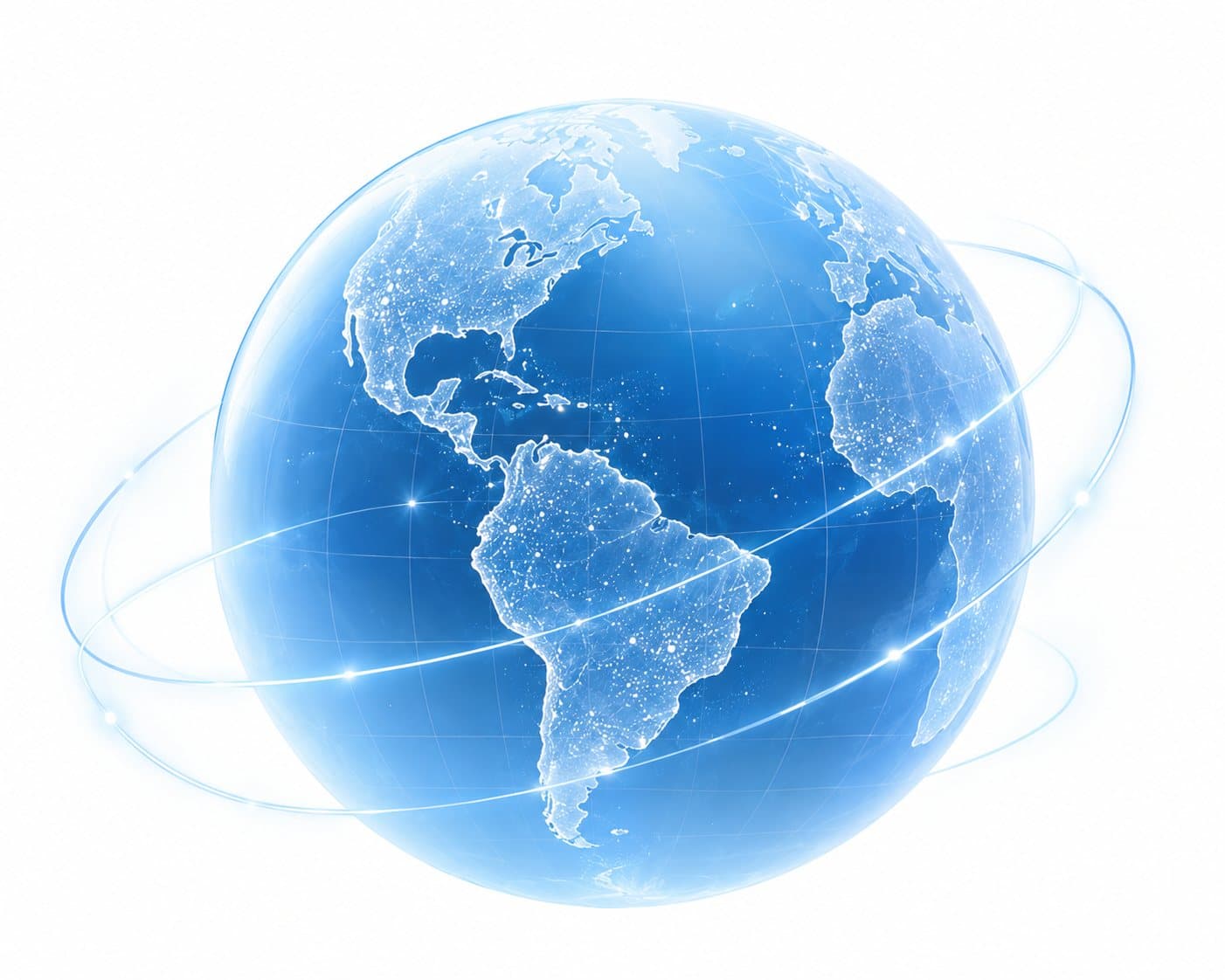 Illustration of a lit globe wrapped in orbiting network lines.