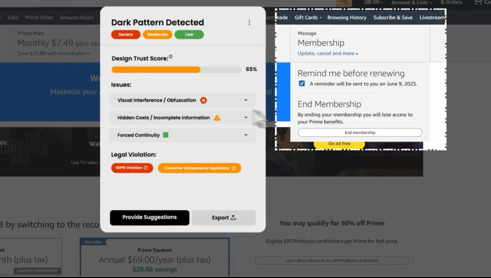 Raahi's Dark Pattern Detected card open over a live subscription page, next to the region it scanned.