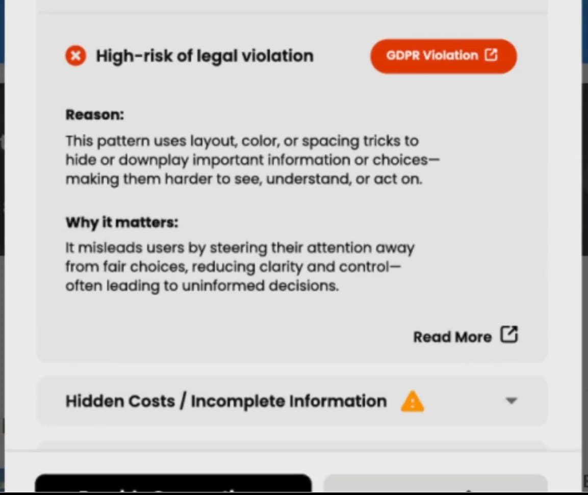 An expanded issue: high risk of legal violation with a GDPR link, the reason the pattern was flagged, why it matters, and a Read More link.