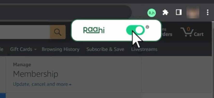 Raahi switched on from the browser's extension toolbar, over the page being reviewed. Browser avatar blurred.