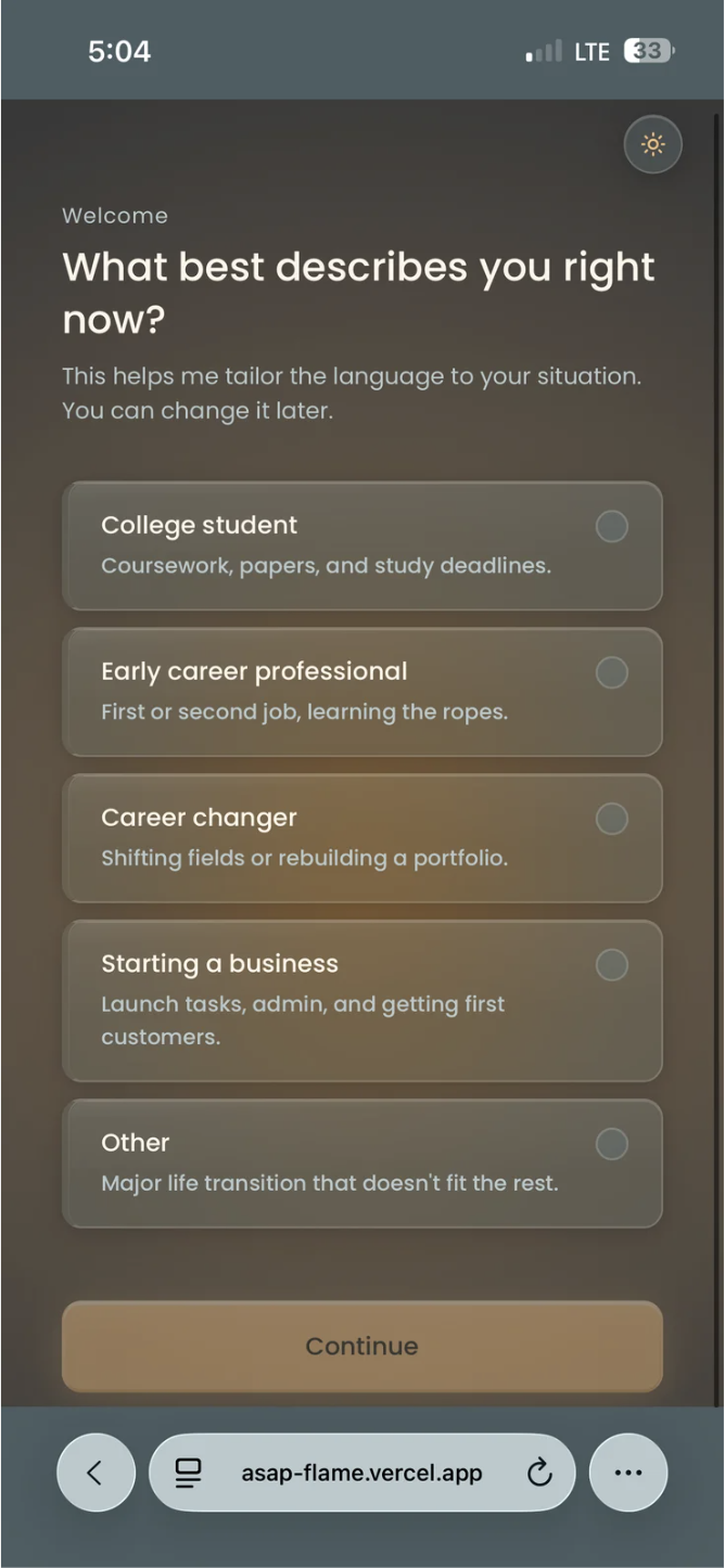 ASAP screen 2 — onboarding dark