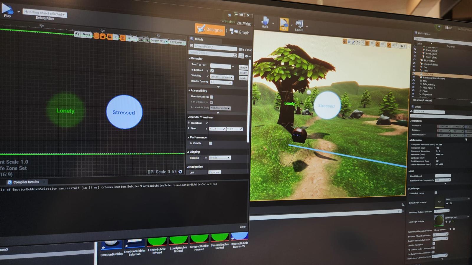 Unreal Engine editor - emotion bubble system and world outliner