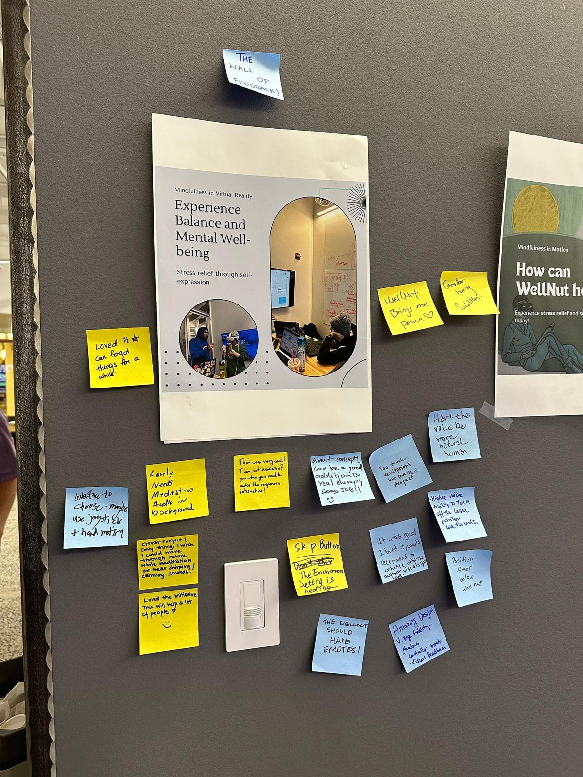 Wall of user feedback sticky notes from showcase